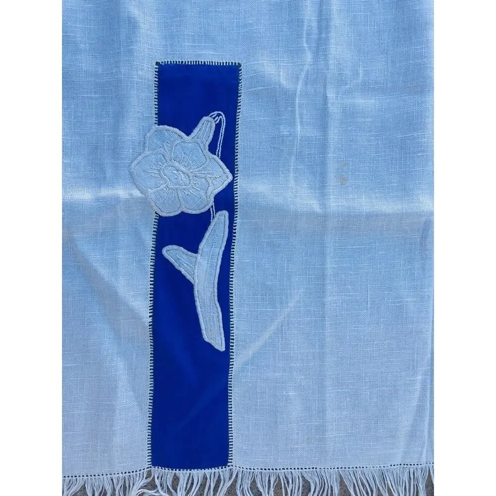 Antique Embroidered Table scarf Linen with fringe Square Blue Flowers Soft Card